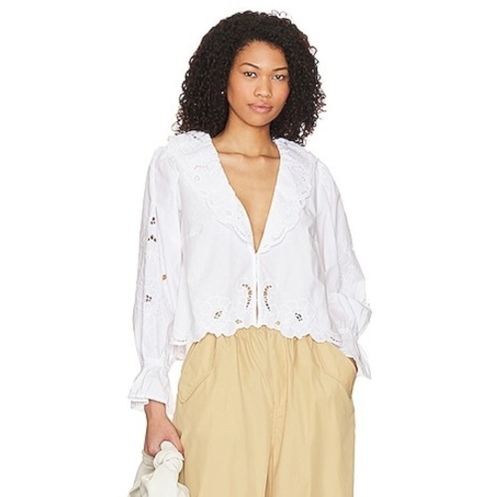 Free People Heartbreaker Top White Eyelet Embroidered Scalloped Collar Blouse XS